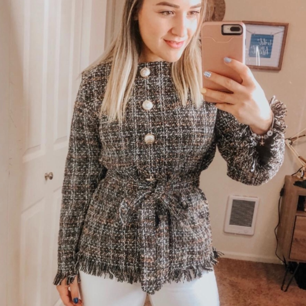 Tweed Buttoned Belted Long Sleeve Blouse/Blazer
